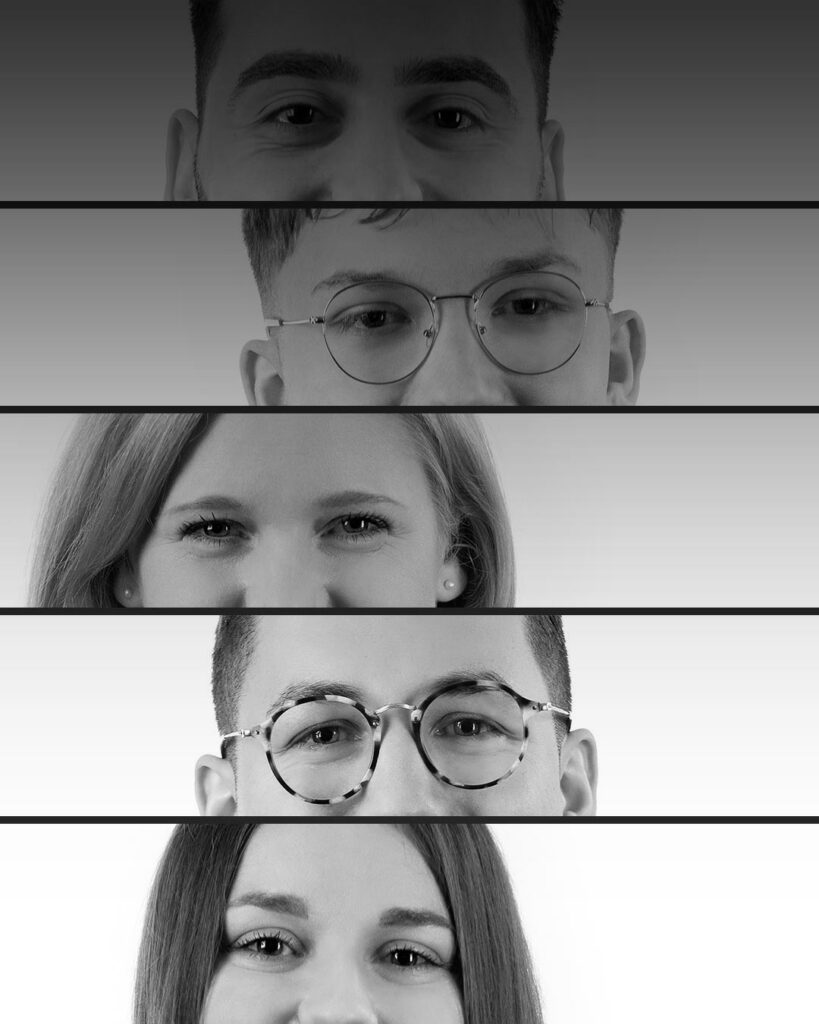 Vorschaubild Referenz c.con management Consulting. Zu sehen ist das von den novahelden entwickelte Key Visual für die EB-Marke, bestehend aus Ausschitten der Gesichter der verschiedenen Mitarbeiter bei c.con untereinander, in schwarz/weiss.